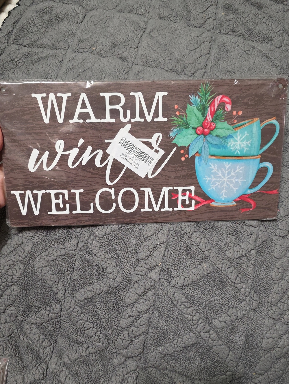 Warm Winter Welcome Blue Holiday Wall Sign 12x6"